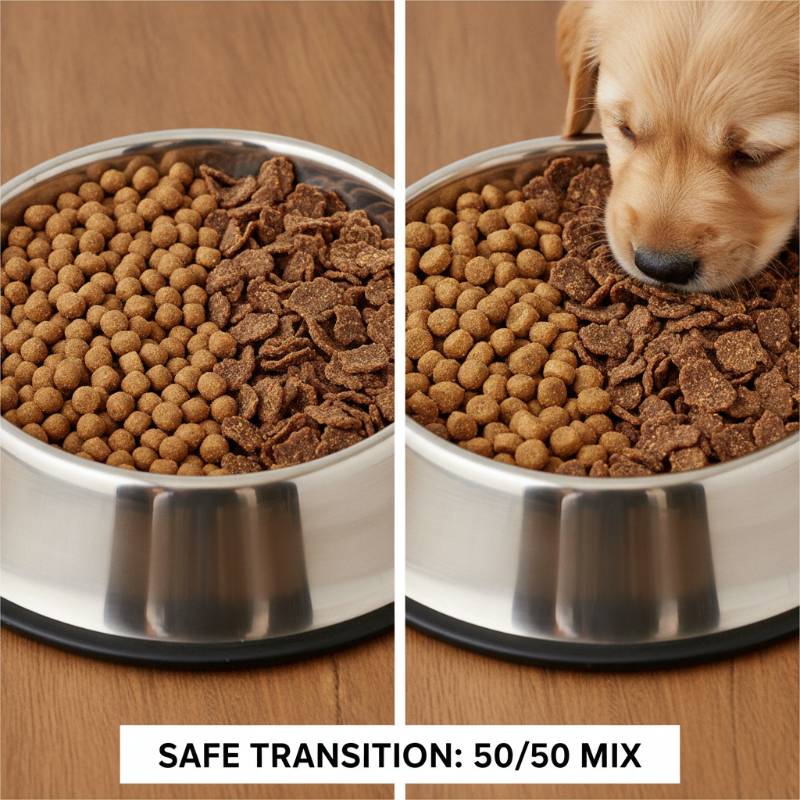 A puppy transitioning from old food to new food.