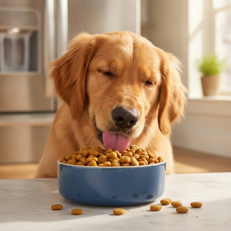 Happy puppy eating healthy food from a bowl