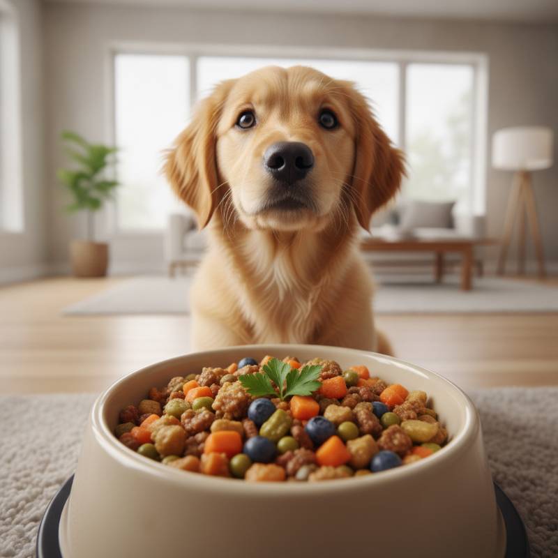 Large breed puppy eating healthy dog food