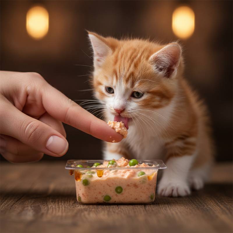 Feeding a kitten wet food from a Sheba tray