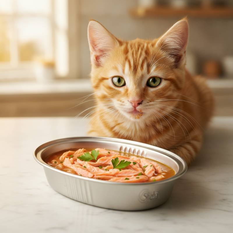 Happy healthy kitten sitting next to Sheba food