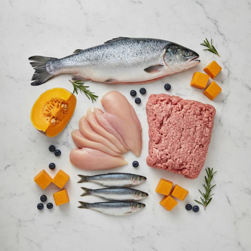 Fresh raw ingredients like chicken, turkey, and salmon for kitten food