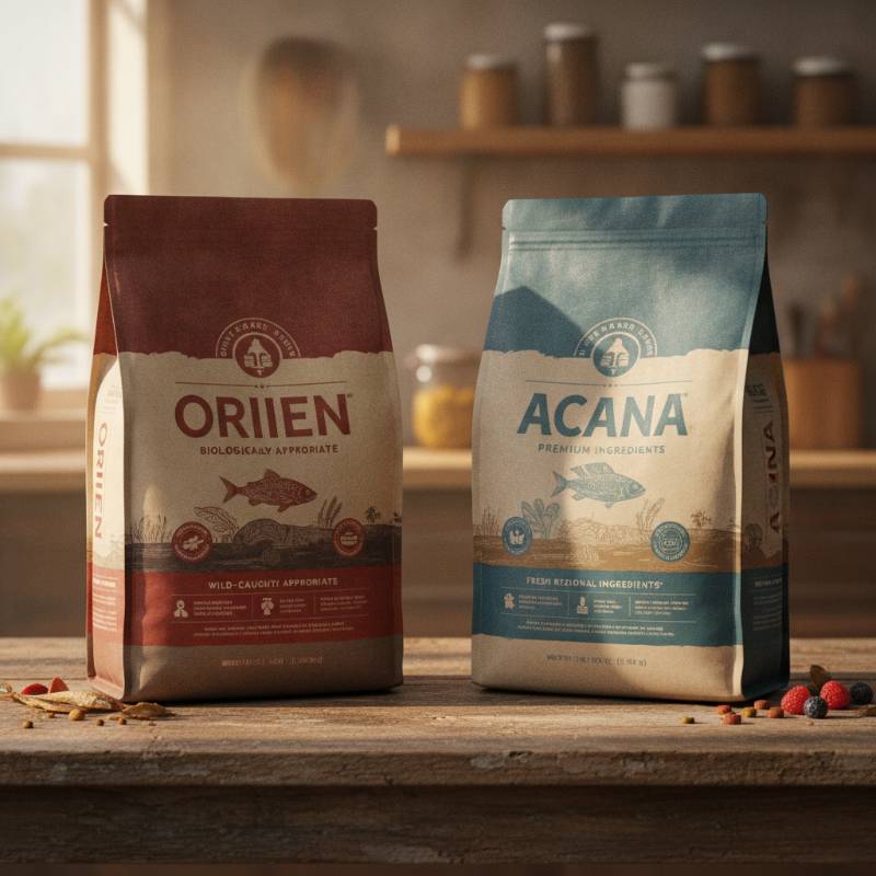 Orijen and Acana dry cat food bags side by side