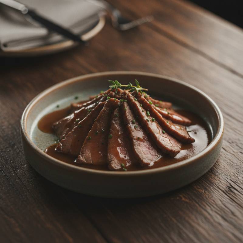 Soft thin slices of meat in rich gravy served in a small cat dish