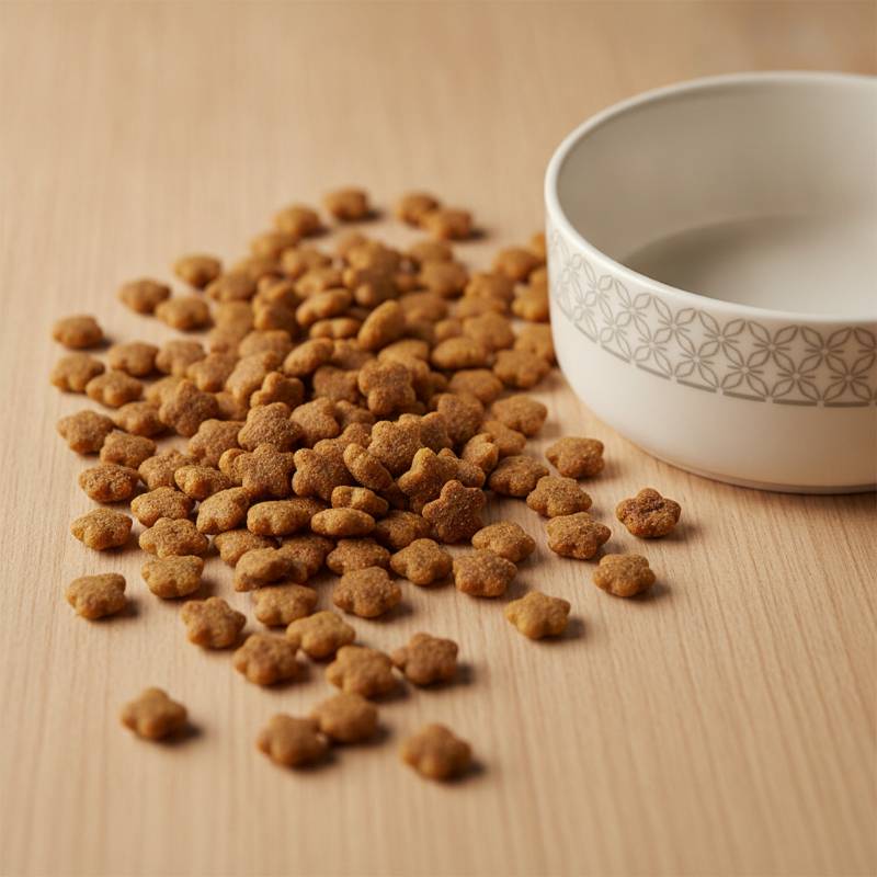 Star-shaped dry cat kibble scattered next to a modern cat bowl on a wooden table