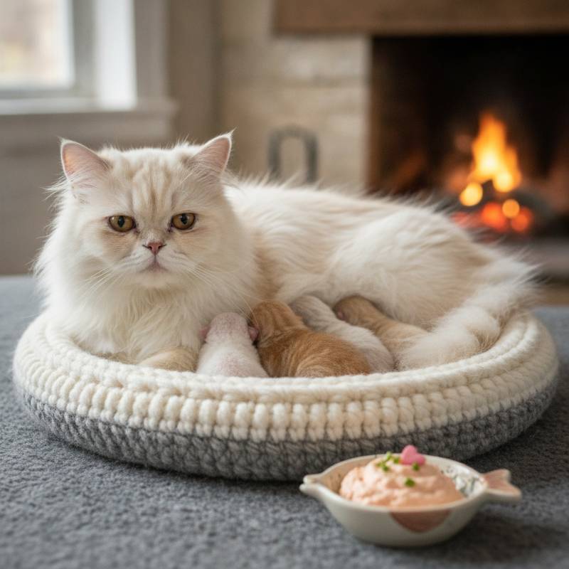 A mother cat nursing her tiny baby kittens next to a bowl of soft mousse
