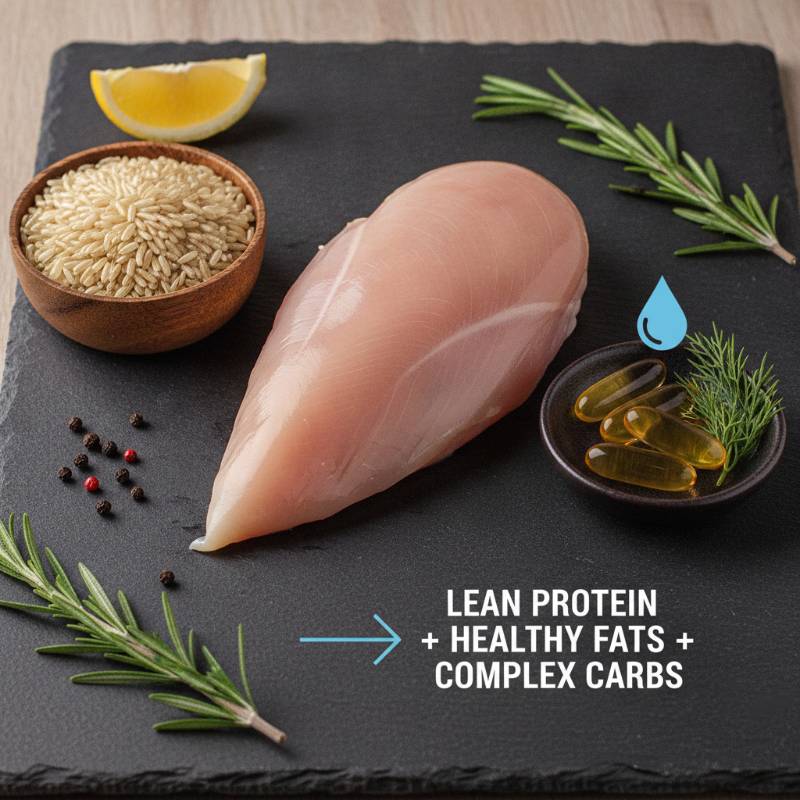 Raw ingredients like fresh chicken, brown rice, and fish oil on a slate board