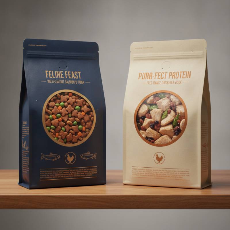 Two premium cat food bags standing side-by-side on a wooden shelf