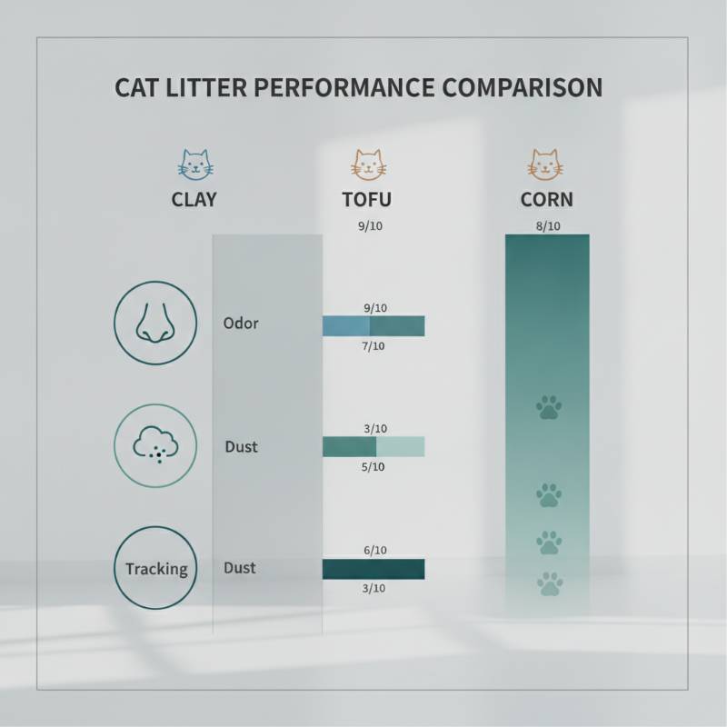 Infographic table comparing cat litter types by odor, dust, and tracking performance