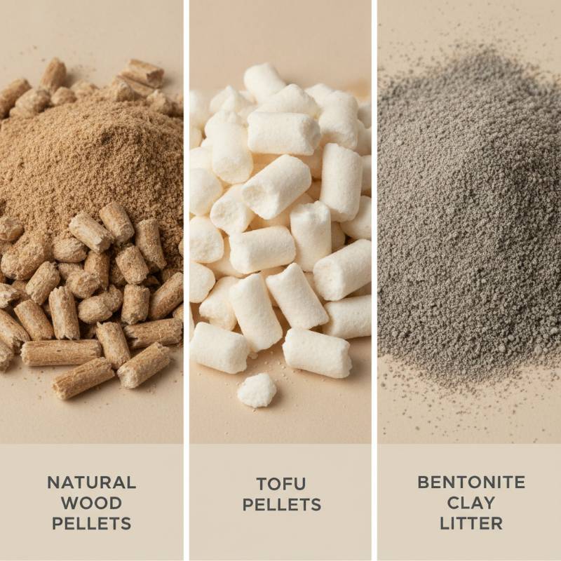 Natural wood and tofu cat litter pellets next to standard clay litter