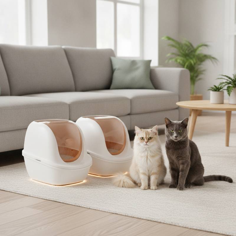 Two healthy cats sitting next to clean, dust-free litter boxes