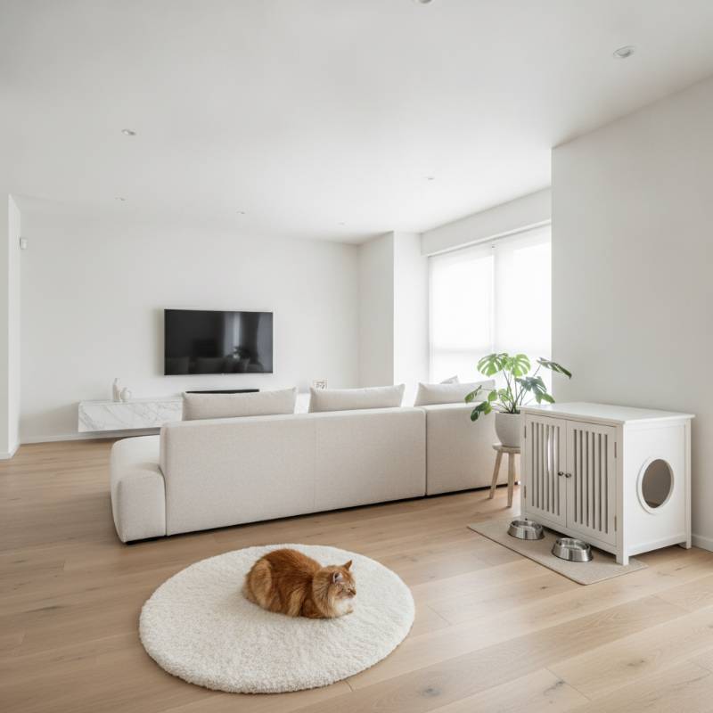 A clean, modern living room with a cat and a neat litter box area