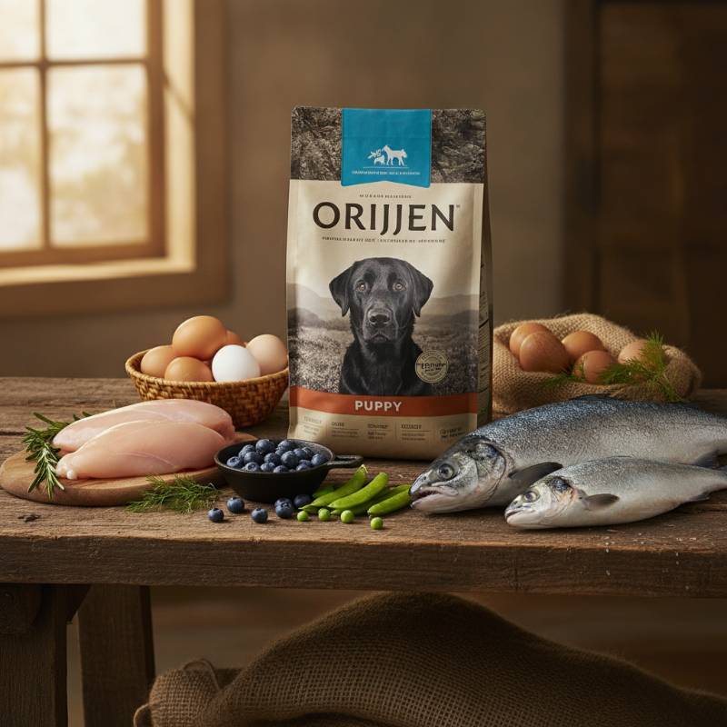 Orijen puppy dry dog food bag on a wooden table with fresh raw ingredients.