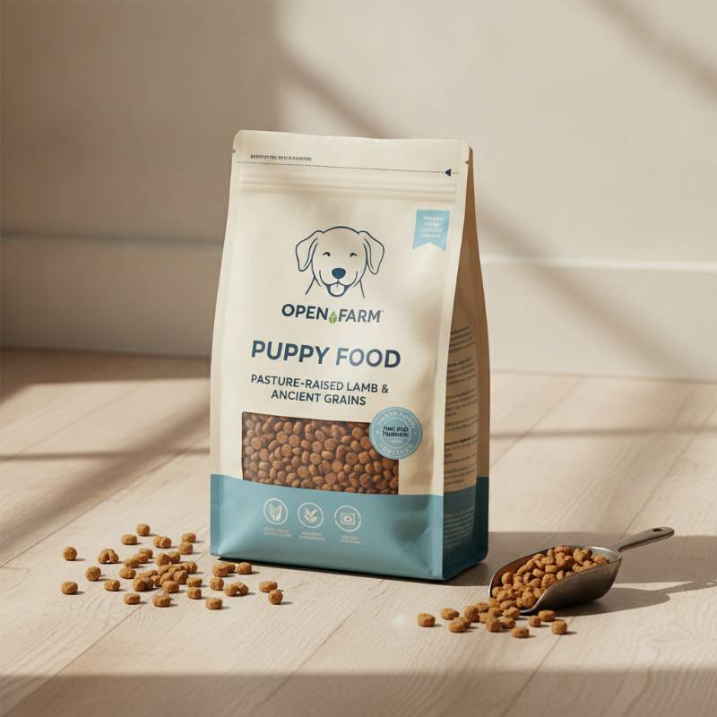 Open Farm puppy dry food bag with clean packaging design