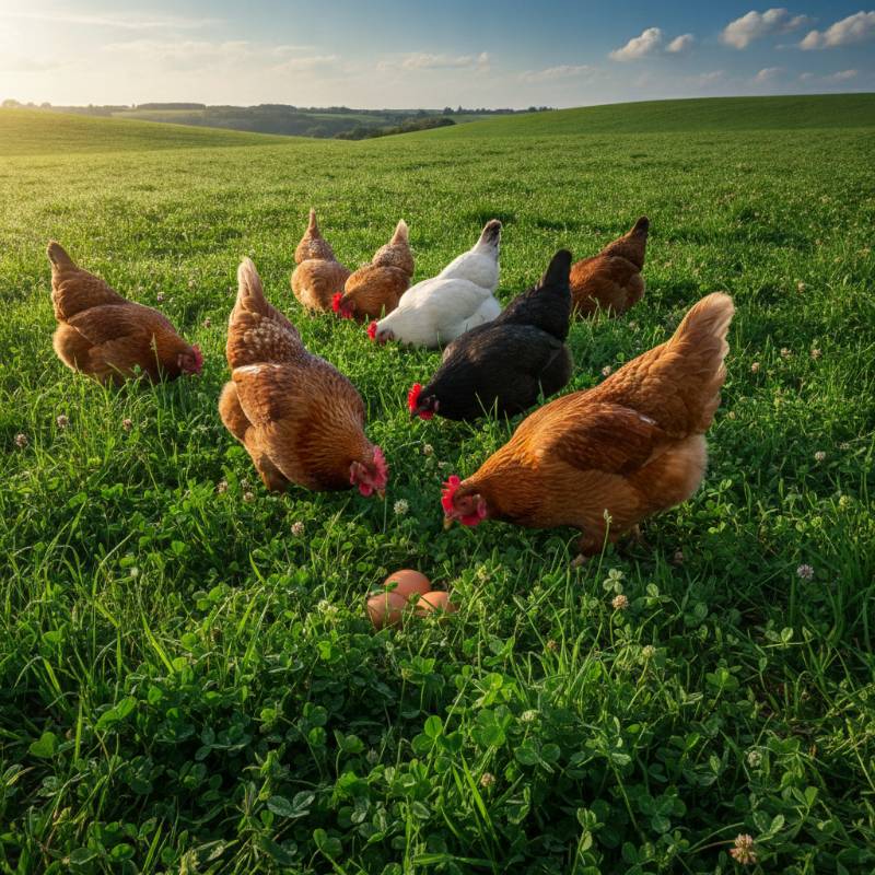 Free range chickens on a green grass farm with sunny skies
