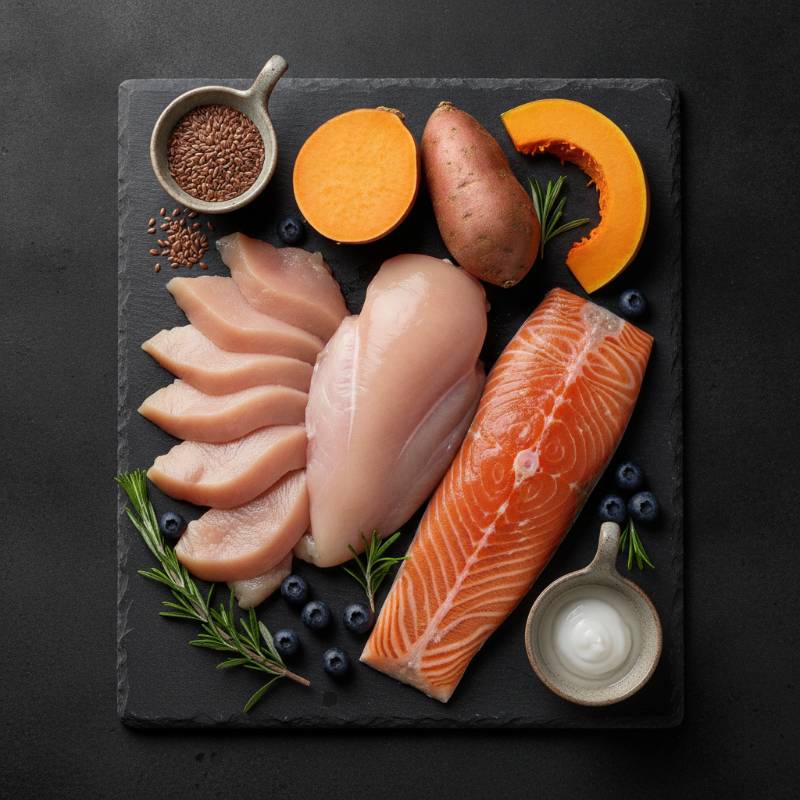 Fresh raw chicken, wild salmon, sweet potato, and pumpkin