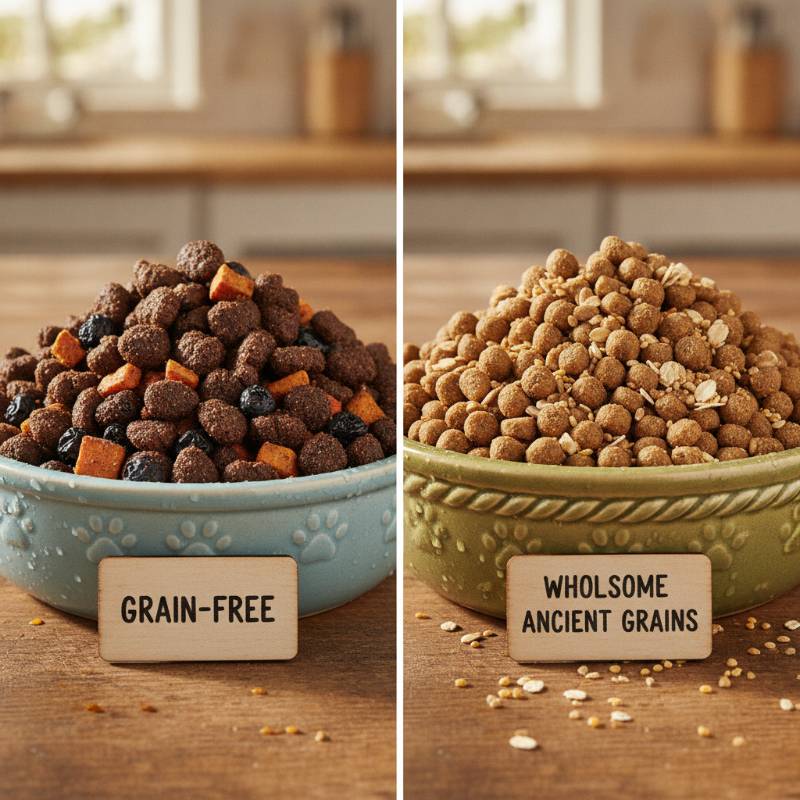 Two bowls of puppy kibble, one grain free and one with ancient grains