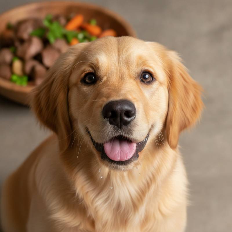 Happy golden retriever puppy looking up with shiny coat