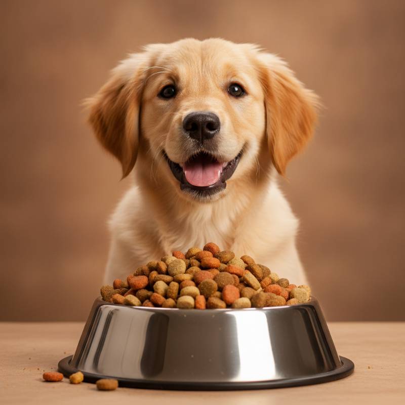 A happy healthy golden retriever puppy sitting next to a dog food bowl