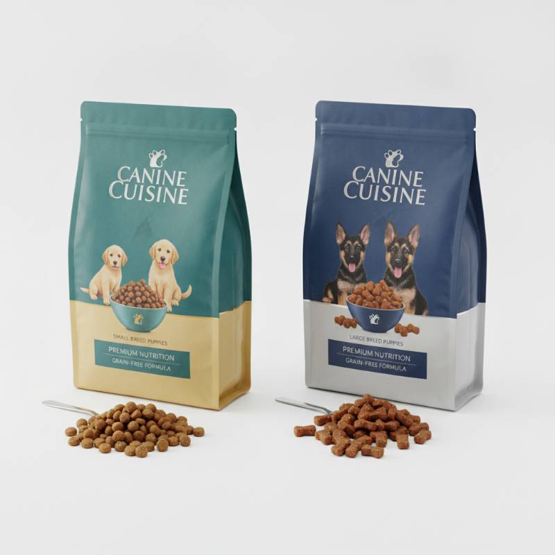 Two different bags of premium puppy food on a clean white background