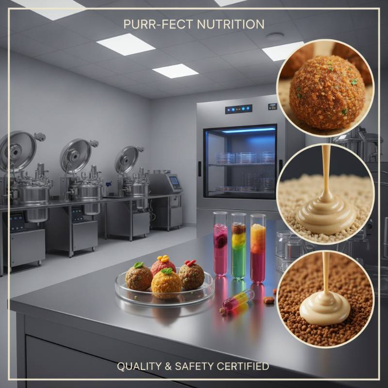 A clean modern pet food manufacturing facility with stainless steel machines