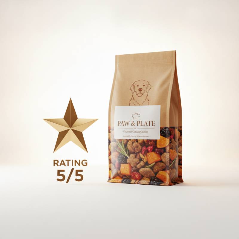 A five star rating icon next to a dog food bag