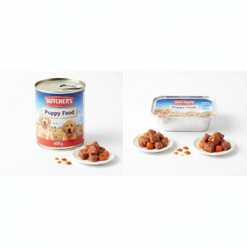 Comparison of a 400g dog food tin and a 150g plastic tray.