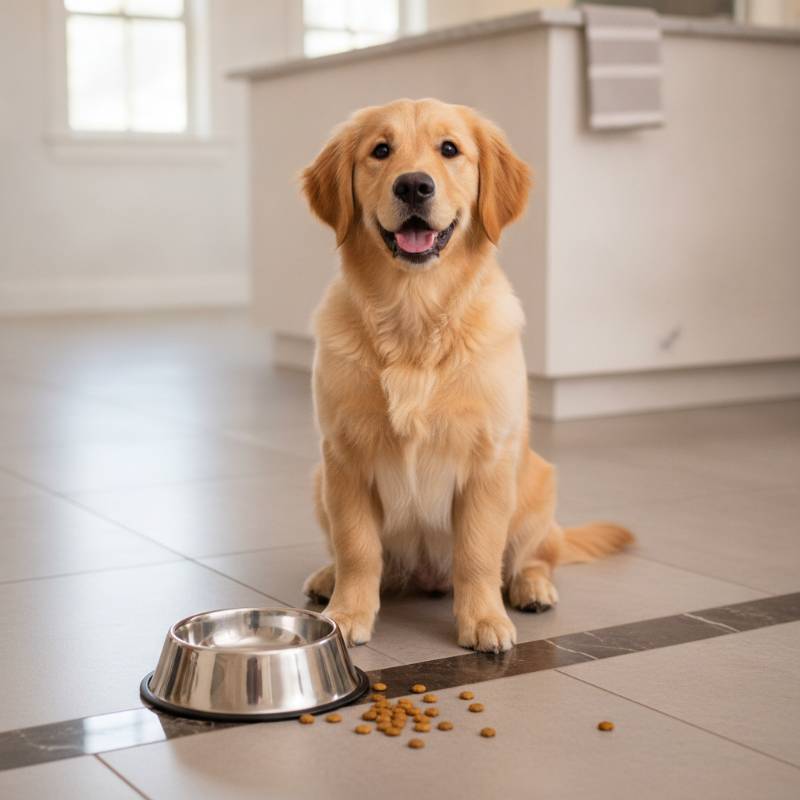 A happy, healthy puppy sitting next to a clean bowl of food.