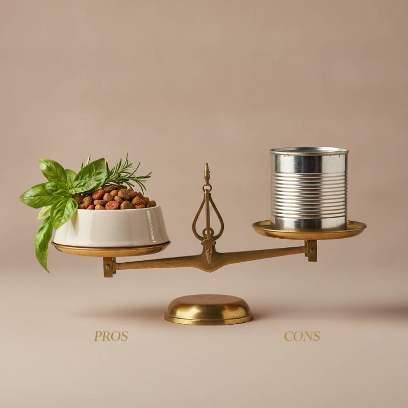A balanced scale showing pros and cons of puppy food.