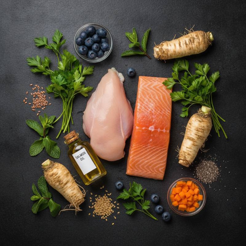 Fresh ingredients like chicken, beef, salmon oil, and herbs for puppy food.