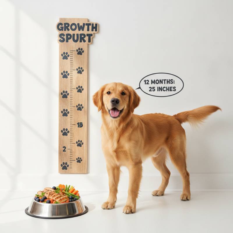 An active junior dog sitting next to a growth chart.