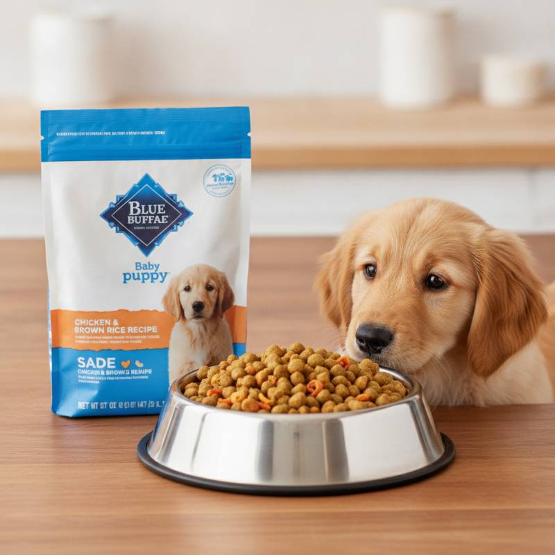 A bag of Blue Buffalo Baby BLUE dry puppy food sitting next to a dog bowl filled with small kibbles on a clean kitchen floor
