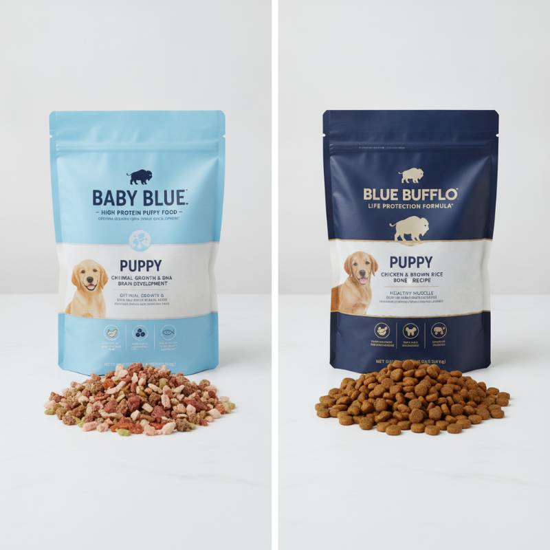 Side-by-side comparison of Blue Buffalo Baby BLUE and standard Blue Buffalo Life Protection puppy food bags
