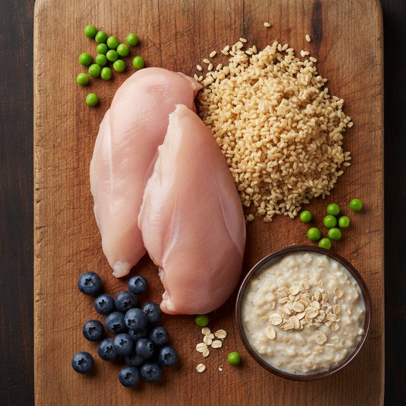 Fresh chicken, brown rice, oatmeal, and blueberries arranged neatly on a wooden board