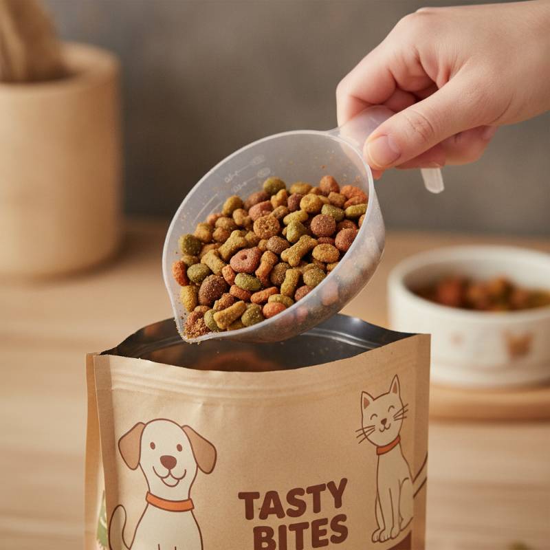 A measuring cup scooping dry puppy food from a bag