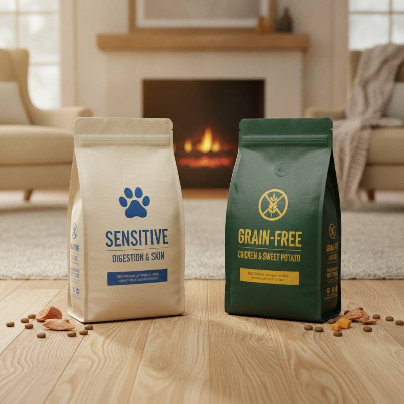 Burns sensitive puppy food bags on a wooden floor.