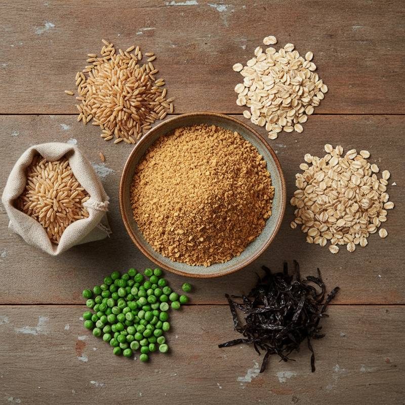 Fresh ingredients of Burns dog food including chicken meal, brown rice, and oats.