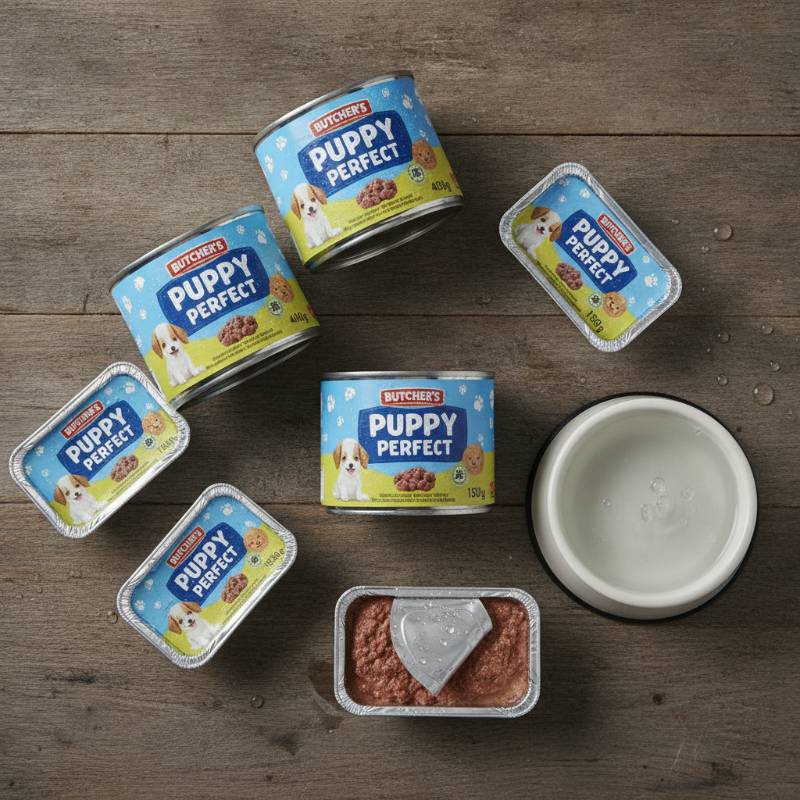 Butcher's Puppy Perfect wet dog food cans and trays on a rustic wooden table.